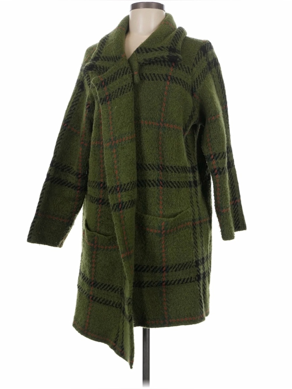 FP Inspired Coatigan! One World Green Black Red Plaid Sz Medium Sweater Blazer